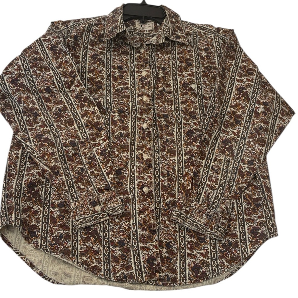 Bugle Boy vintage, button down shirt/top, paisley/leaf print brown tones ,S